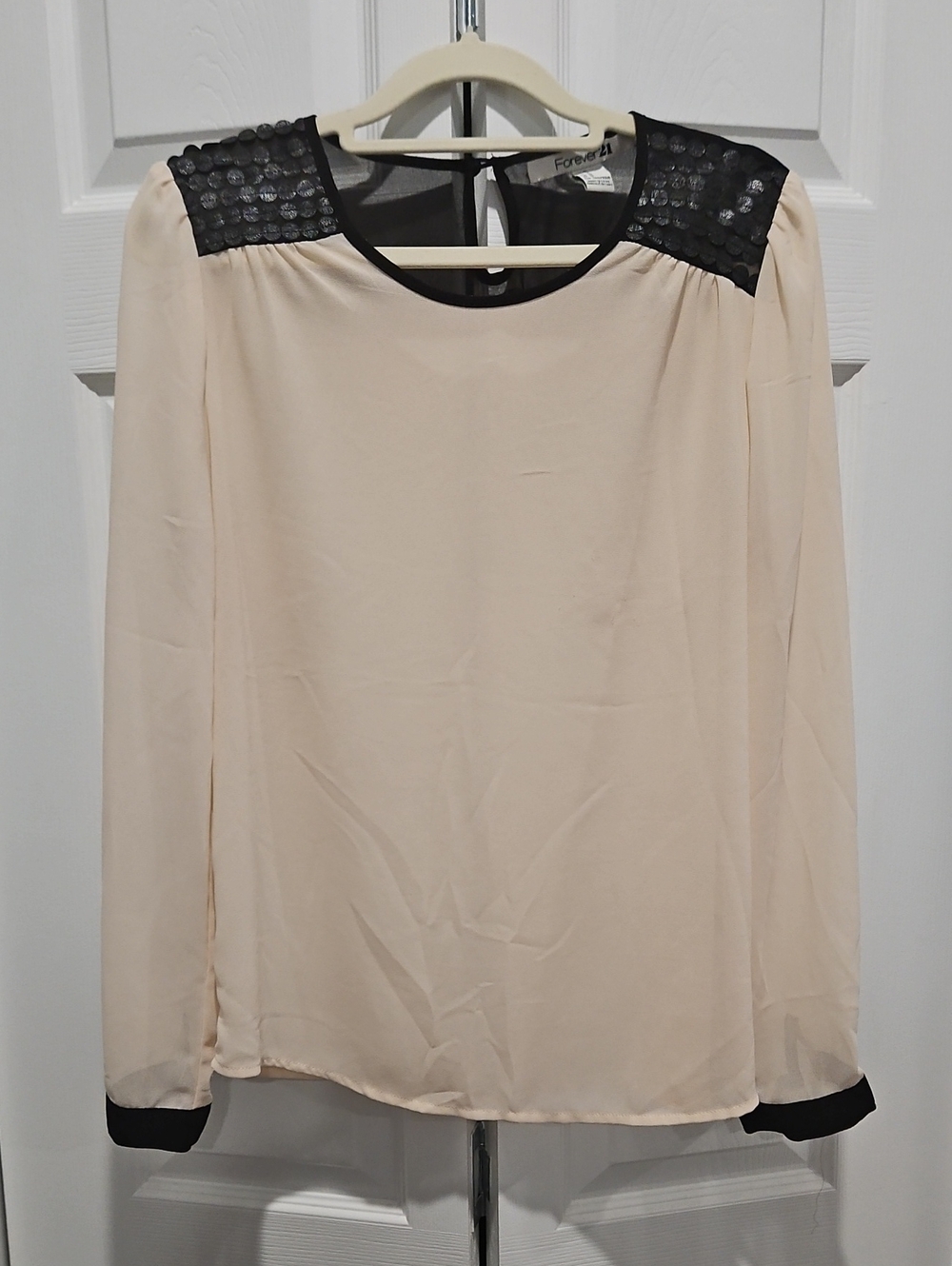 Forever 21 Cream Long-Sleeve Top with Black Accent Shoulders